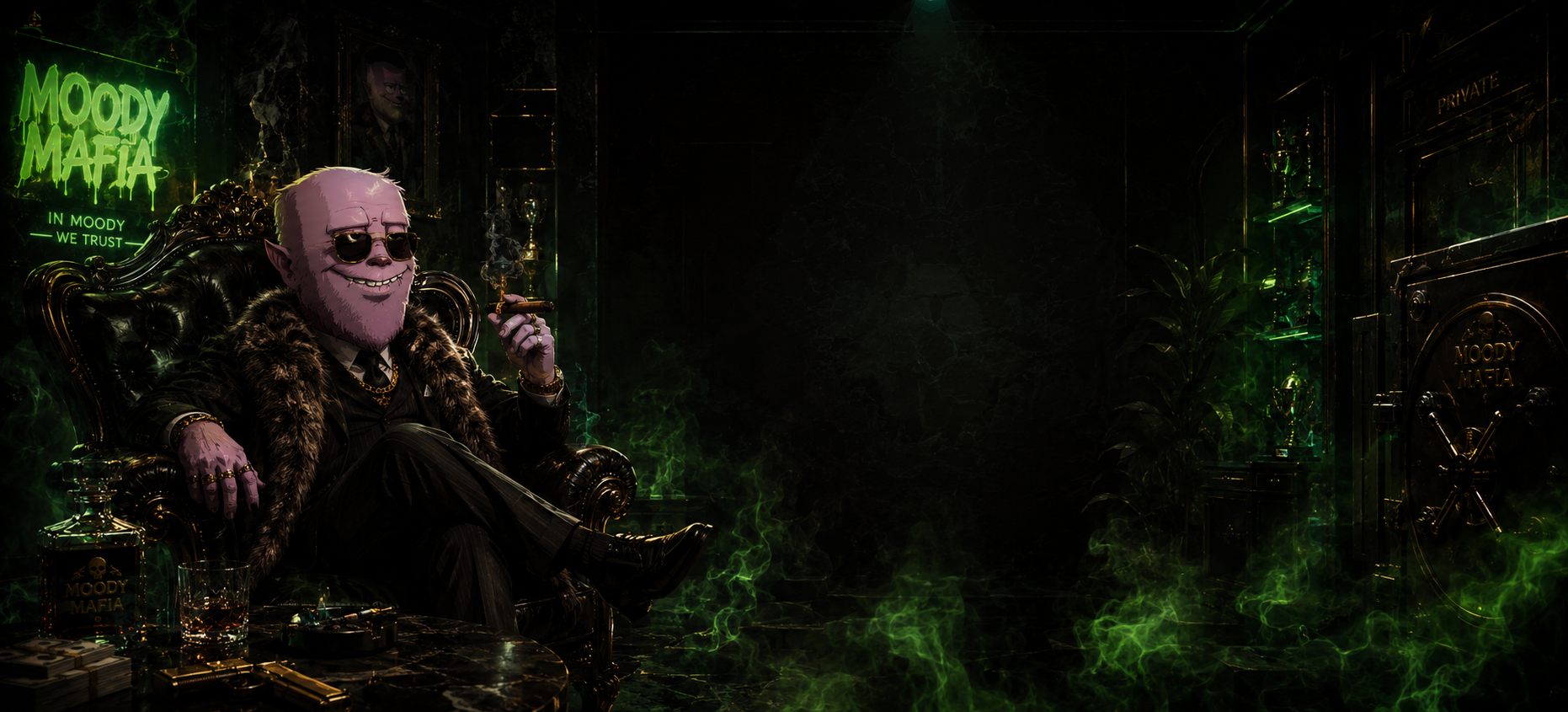 Moody Mafia family in a cinematic green mafia lounge